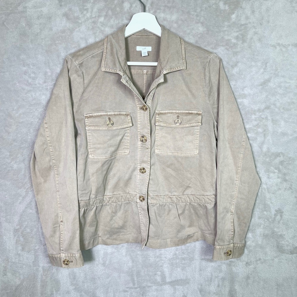 J.Jill‎ Womens S Taupe Beige Peplum Jacket Stretch Utility Button Front Pockets